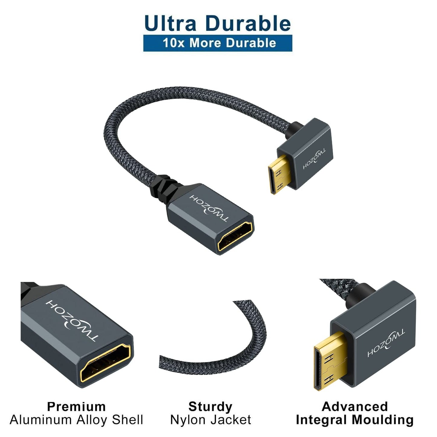 Twozoh Câble Adaptateur Mini HDMI vers HDMI Coudé, Nylon tressé vers Le Bas coudé à 90 °, Câble d'extension Mini HDMI vers HDMI Compatible 3D/4K 1080p