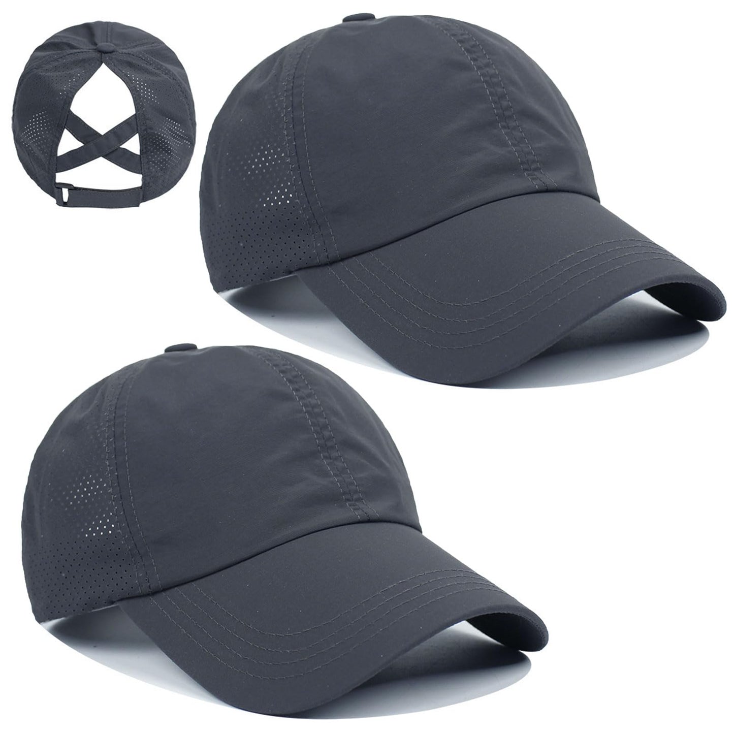 FUIPVGI 2 Pièces Casquette de Baseball Femme, Queue de Cheval été Réglable Casquette Femme Ete, Casquette Running Chapeau Soleil Cross Hat pour Golf Cyclisme (Gris foncé)