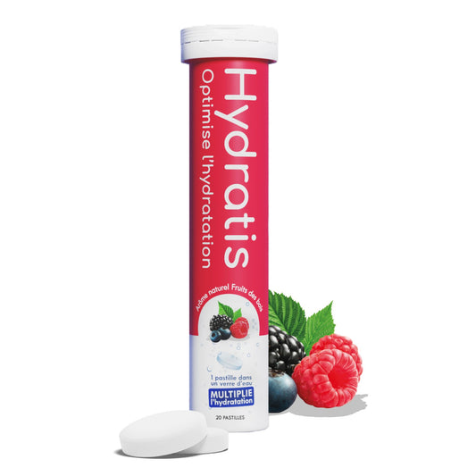 HYDRATIS - Pastilles Effervescentes Fruits des Bois - Optimise l'Hydratation - Riche en Minéraux - Faible en Sucre - Goûts Légers - Sport, Crampes, Récupération - 20 Pastilles