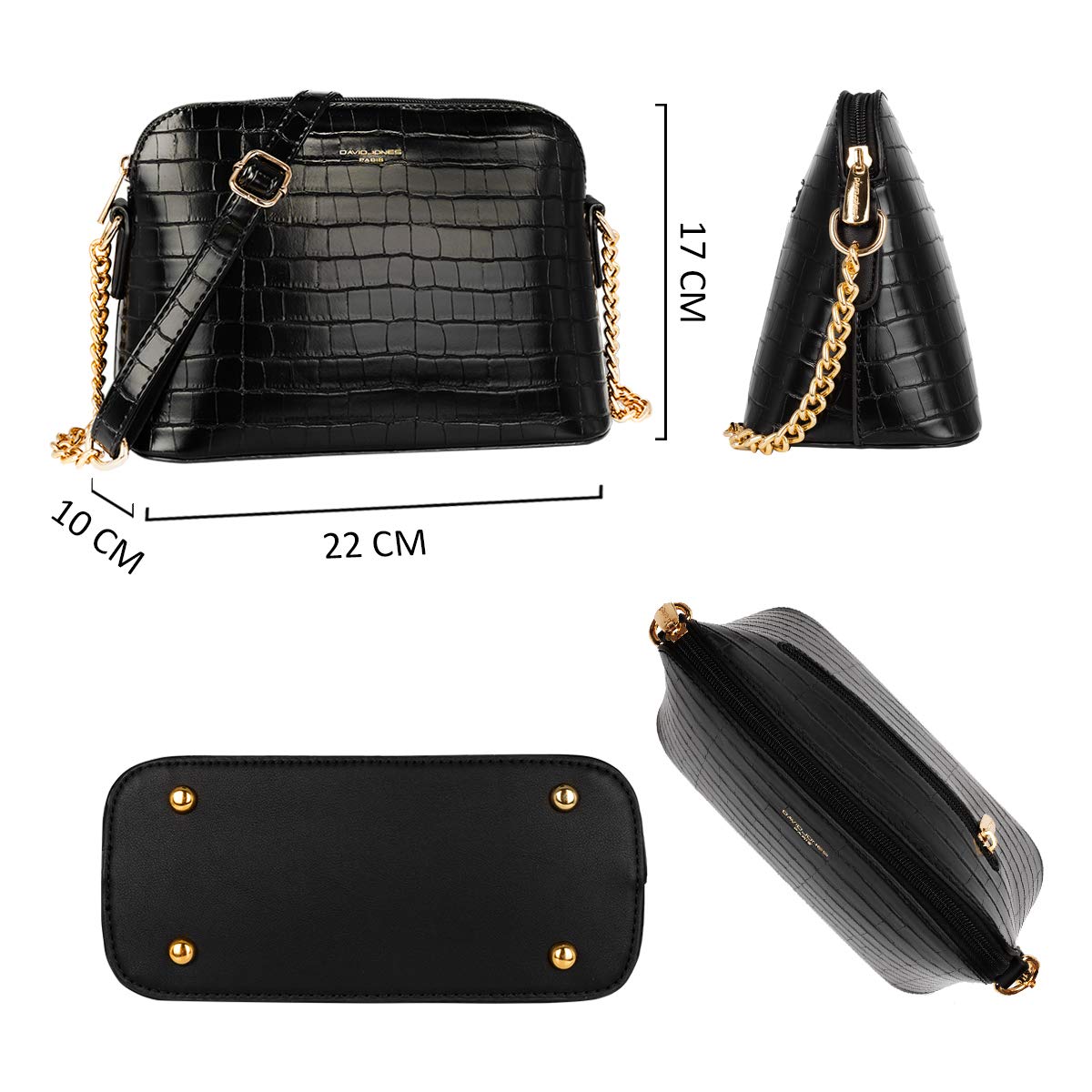 David Jones - Petit Sac Bandoulière Femme - Chaîne Dorée Porté Epaule - Besace Téléphone Cuir Vernis Crocodile Rigide - Fourre-Tout Ville Voyage Shopping Mode Chic Noir