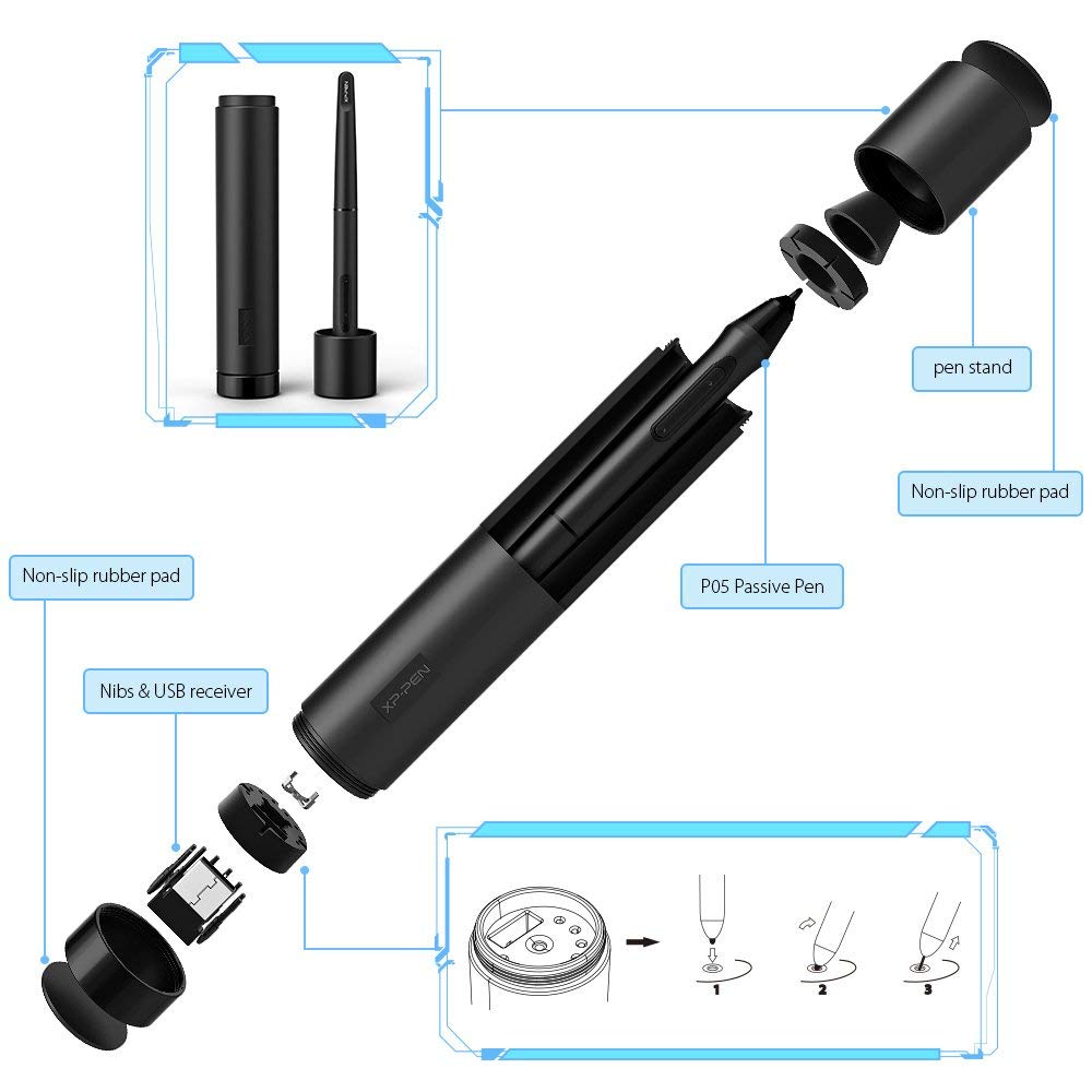 XP-Pen Tablette Graphique Deco 03 Wireless 6 Raccourcis Personnalisables avec Stylet Passif P05 8192 Niveaux