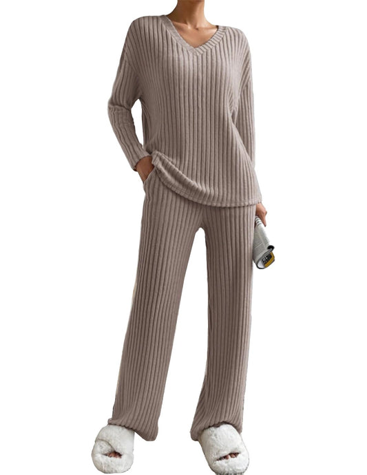 JENJON Femme Ensemble de Costume 2 Pièces Manches Longue Tricot Côtelé Pantalon Droit Survêtement Col en V Automne Hiver