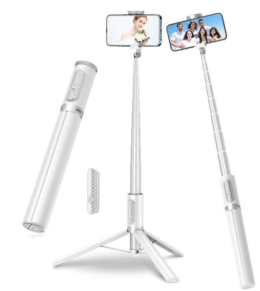 TONEOF 170CM Trépied Voyage, Tout-en-1 Perche Selfie Trépied avec Télécommande sans Fil, Extensible,Portable, Support Téléphone Rotatif pour iPhone/Samsung-Blanc