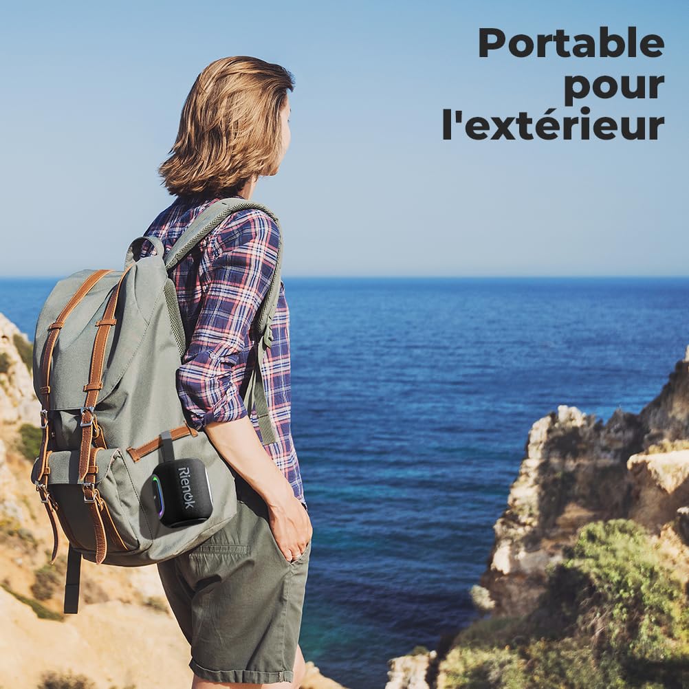 RIENOK Enceinte Bluetooth 5.3 Portable, Haut Parleur Puissant Lumineuse, Autonomie 15H, 1800mAh, Fonction Radio, Port Clé USB, AUX, TF Carte, pour Soirées Plage, Randonnées, Voyage