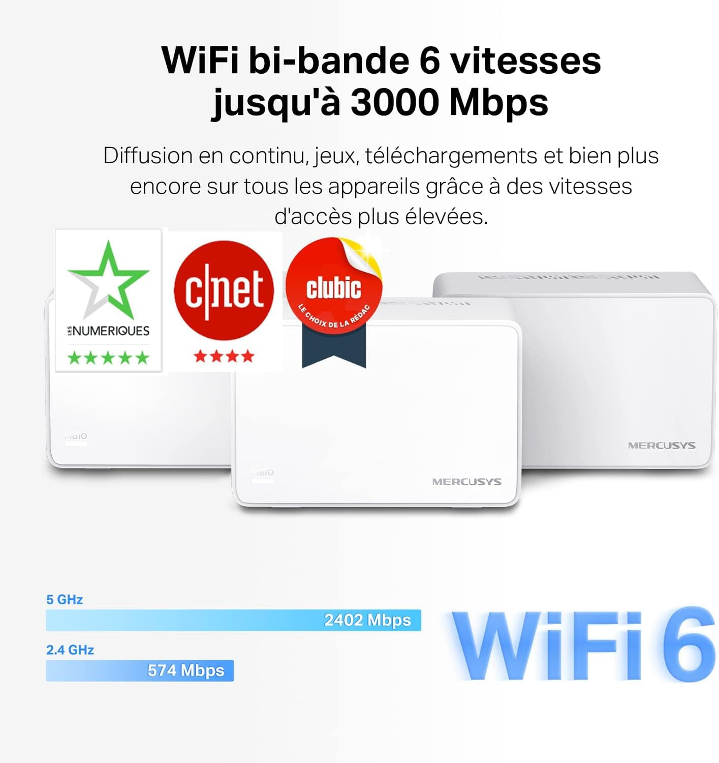 MERCUSYS Halo H3000X(3-pack) TP-Link WiFi Mesh Routeur WiFi 6 Bi-Bande AX3000Mbps, Couverture Jusqu'à 650 m², Canaux 160 MHz, 3 Ports Gigabit, Repeteur WiFi, Contrôles Parentaux Puissants