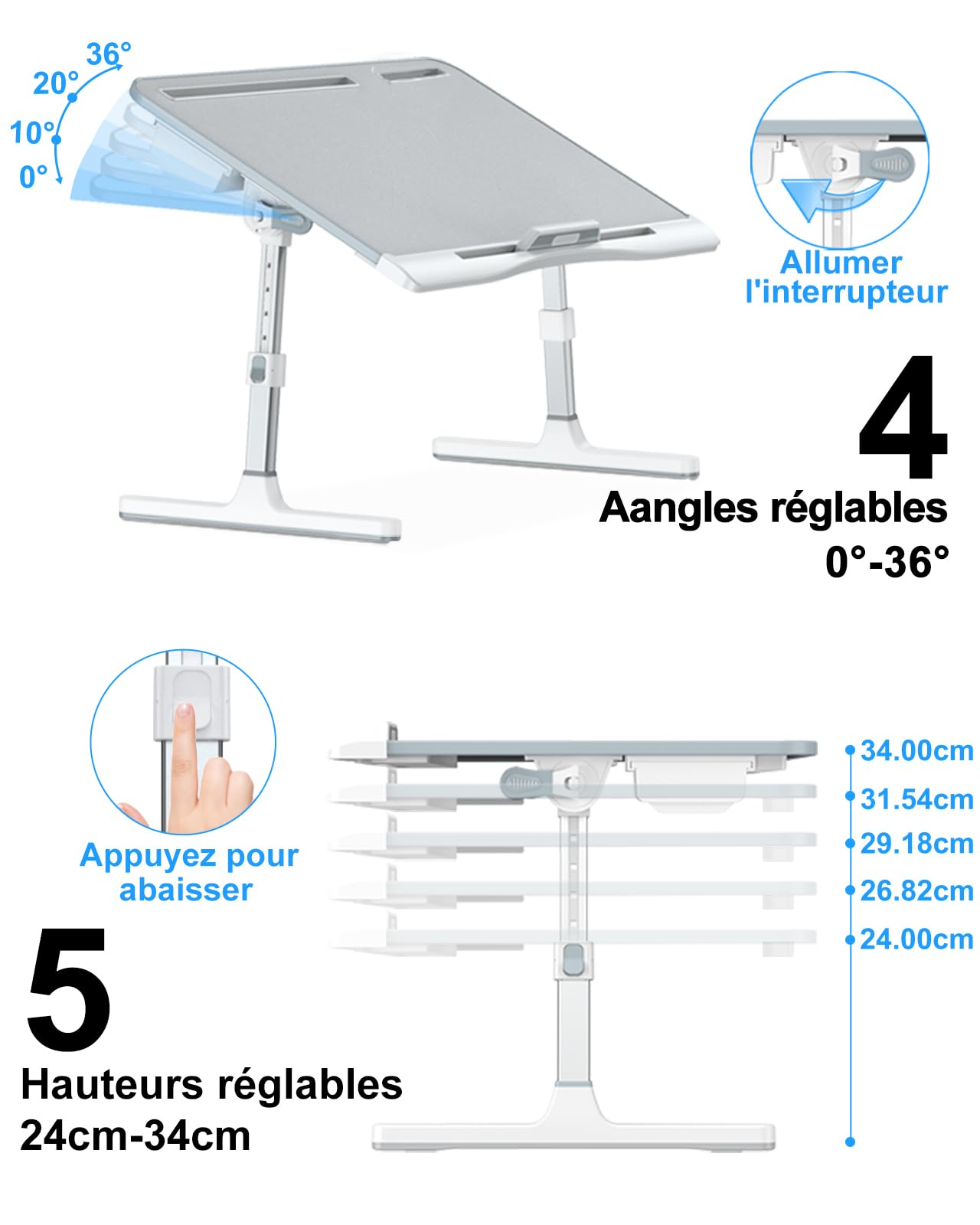 Table de lit, Potuopy Support Ordinateur Portable Lit Pliable à Hauteur réglable en Cuir, Grand Table lit pour Travailler, Lire et Manger sur Le Sol du canapé (Gris, 60 * 40cm)