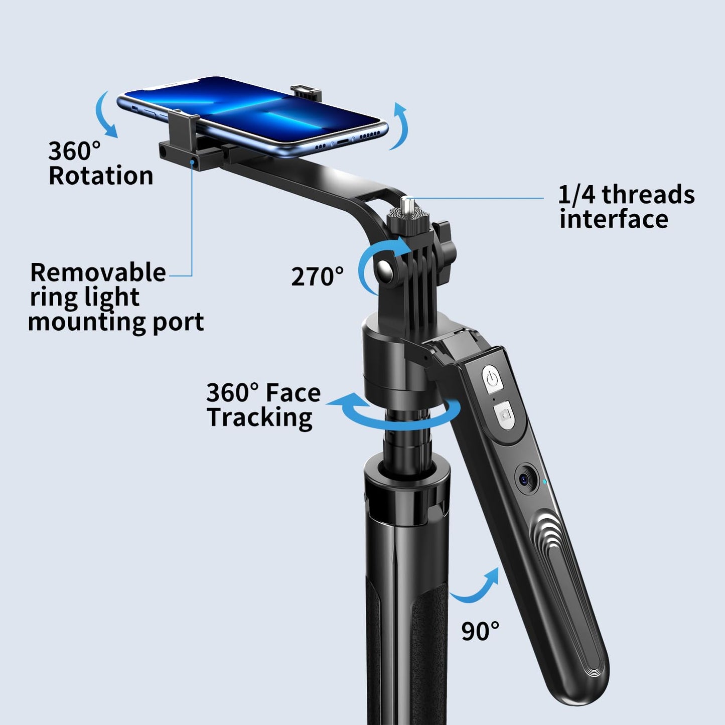 yAyusi Automatique Visage Suivi Trépied avec Lumière, sans App, 360° Rotate 180cm Support de Téléphone avec Capteur de Mouvement, Rétractable Support de Caméra pour Vlog/Vidéo/Enregistrement