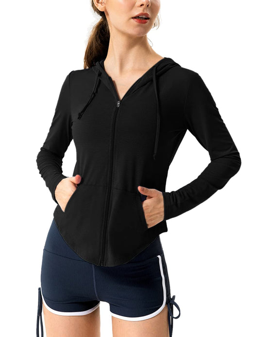 Femmes Manches longues UPF 50 + écran solaire Veste Hoodie Fitness Avec poches Yoga Fermeture éclair complète Athlétique Jacket Noir M