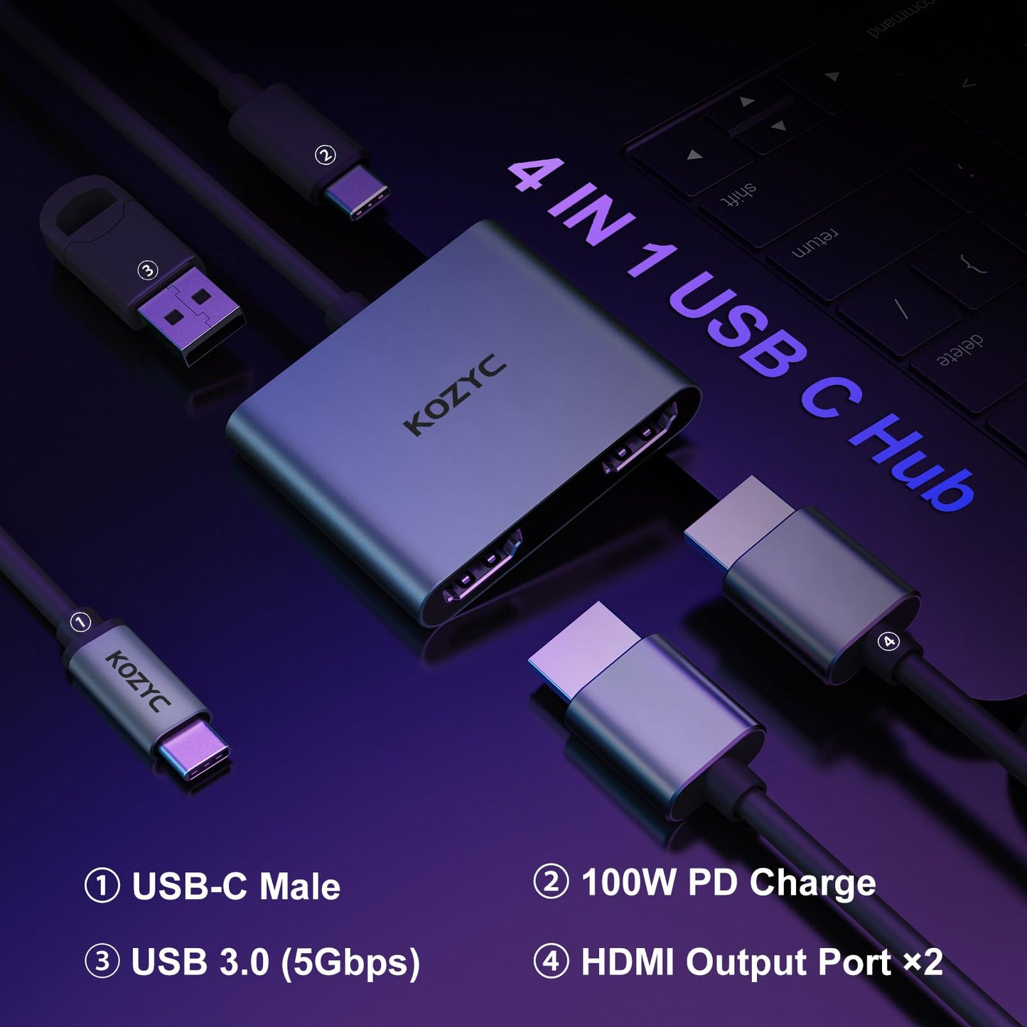 USB C to Dual HDMI Adapter, KOZYC USB C Hub Multiport Adapter avec 2 HDMI 4k, USB 3.0, 100W PD