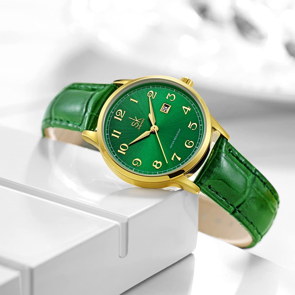 SHENGKE SK Classic Business Women Montres avec Bracelet en Acier Inoxydable et Montre élégante en Cuir véritable pour Dames (Gold-Green)