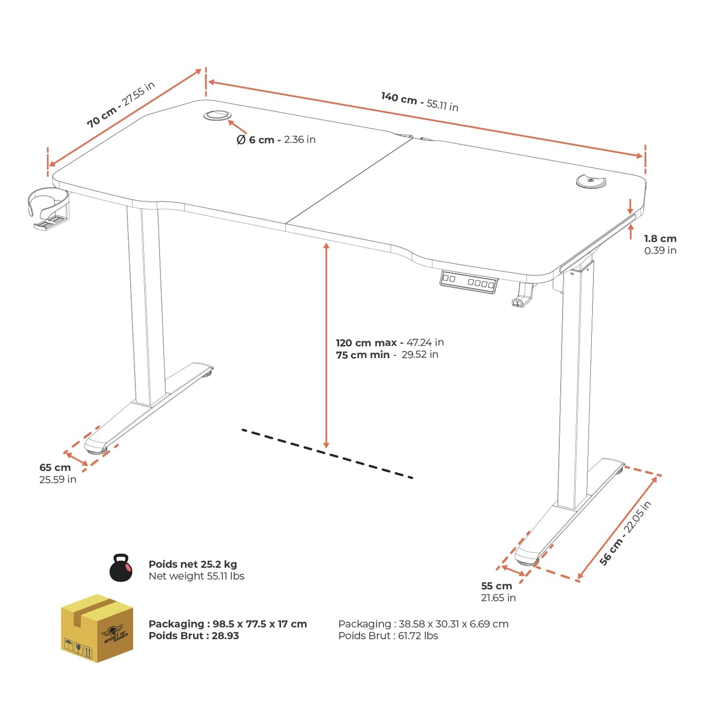 Spirit Of Gamer - HEADQUARTER 900, Bureau Gaming Assis Debout Electrique, Plateau en Bois 140 x 70 cm, Table Réglable en Hauteur 75 à 120 cm, Panneau Contrôle à Fonction Mémoire, Acier, Tapis Inclus