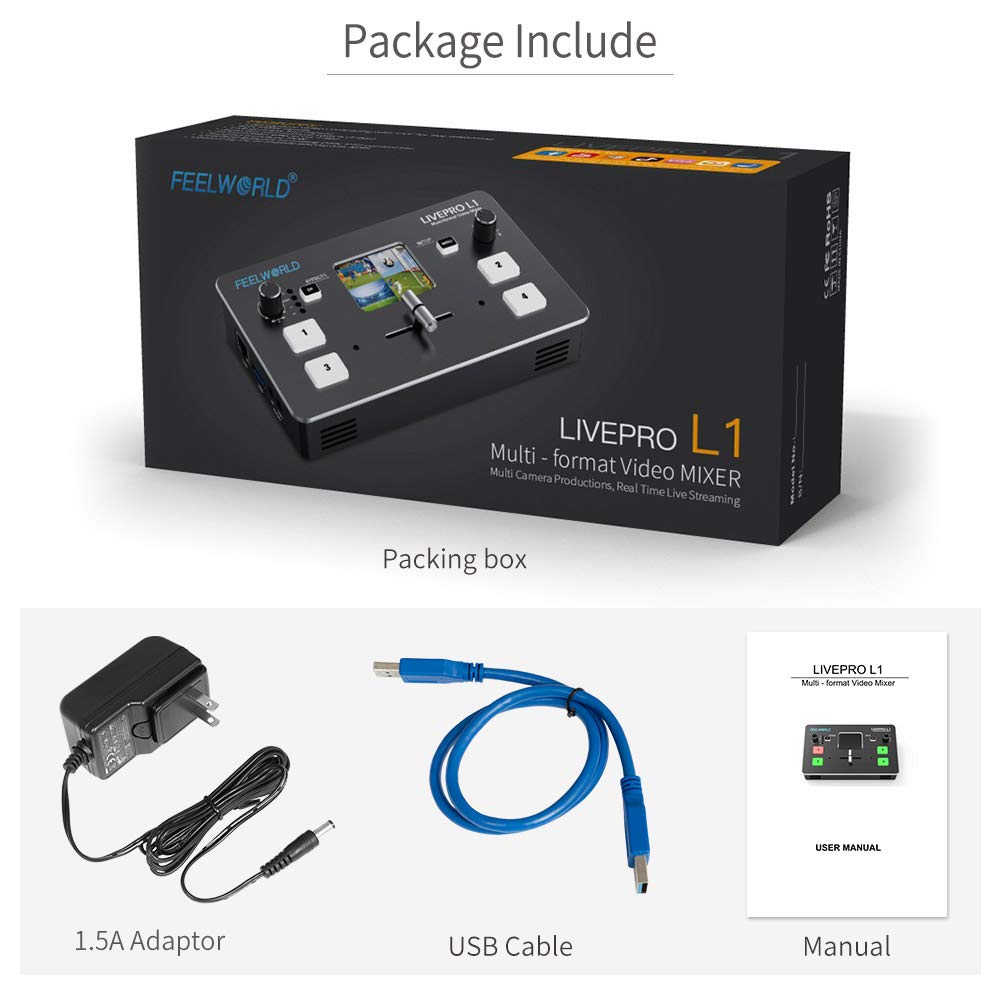 FEELWORLD LIVEPRO L1 Mini mélangeur vidéo avec commutateurs de formats Multiples 4 entrées HDMI Écran LCD 2 Pouces en Direct avec Production en Temps réel pour Plusieurs caméras