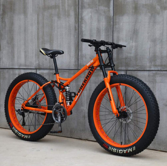 VTT 26'', 21 Vitesses Vélo Gros Pneu,Adulte Vélo Tout-terrain à Vitesse Variable pour la Plage et la Neige,Cadre en Acier à Haute Teneur en Carbone Dual Full Suspension Dual Disc Brake (Orange)