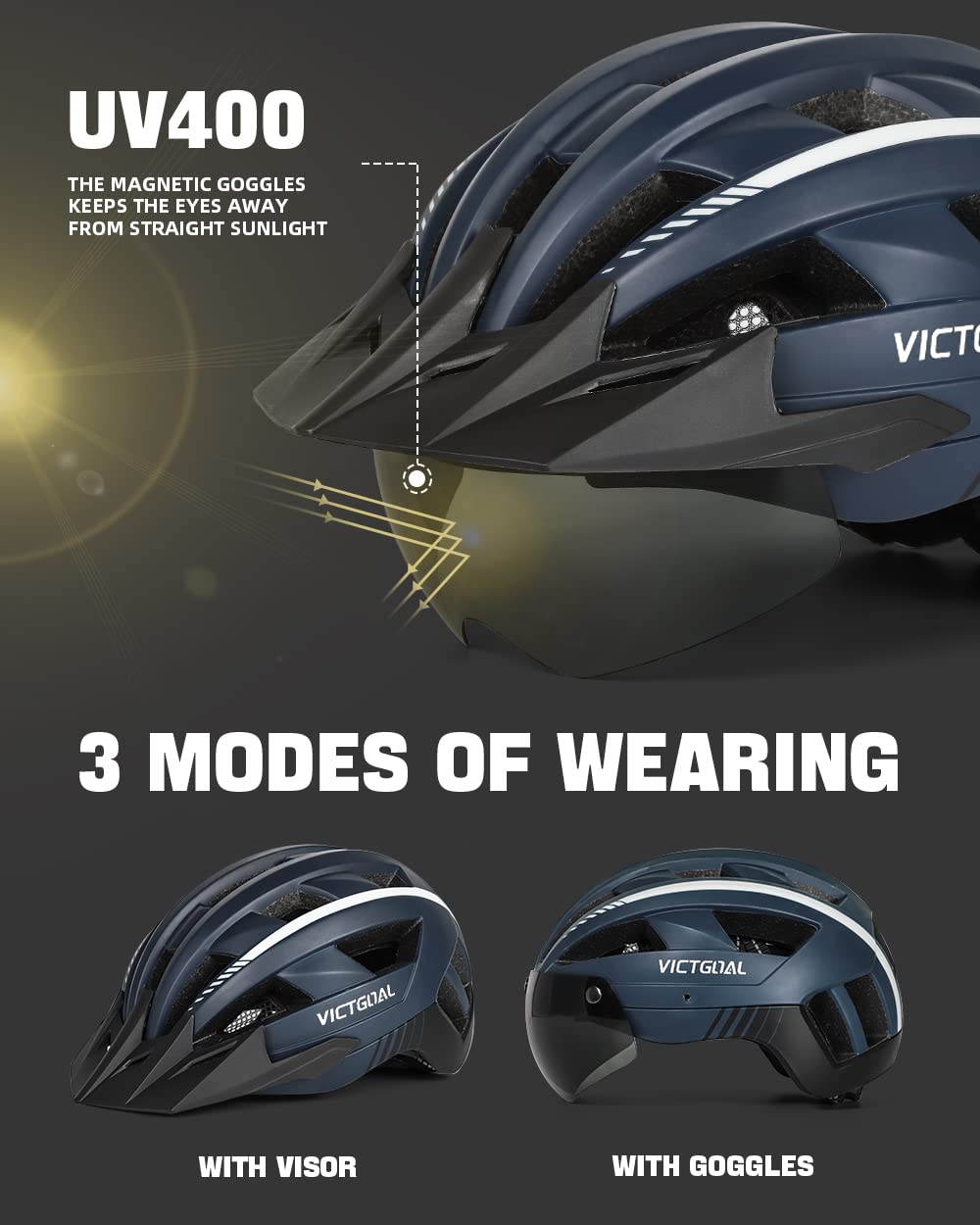 VICTGOAL Casque Velo Casque VTT avec Lunettes de Sécurité Magnétiques Amovibles Visière Détachable Casque Léger pour Adultes (L: 57-61cm, Marine)