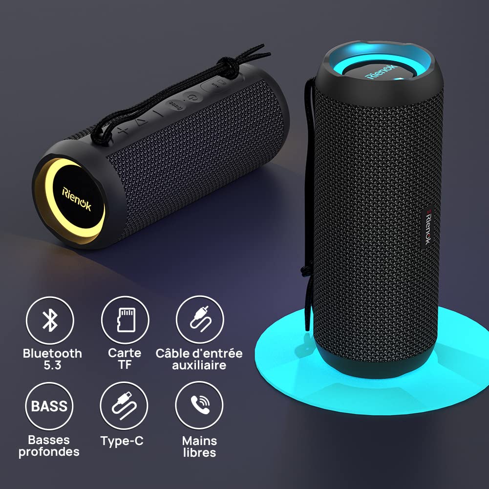 RIENOK Enceinte Portable Bluetooth aux Basses Renforcées, 30H, Bluetooth 5.3, 30W Enceinte Puissante, IPX7, AUX, TF Carte, pour Fêtes/Voyage/Extérieur, Noir