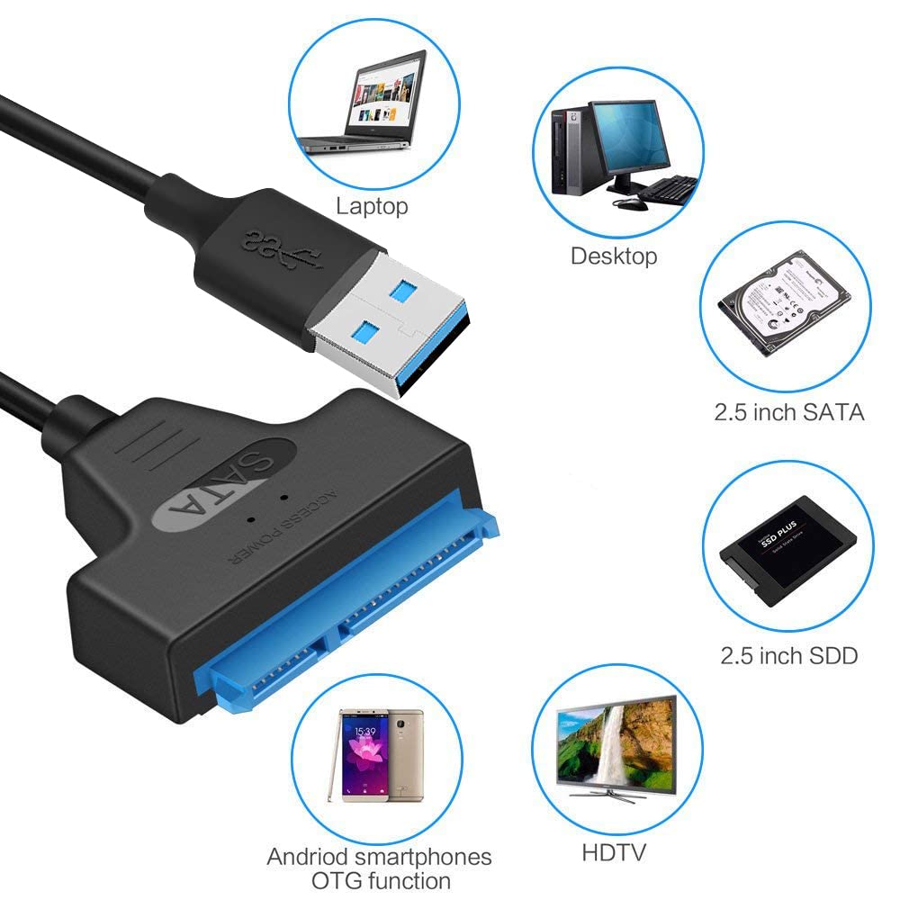 Unnderwiss Cable sata to usb Adaptateur SSD/HDD Compatible avec les disques durs externes et internes, 2,5 pouces Compatible avec les systèmes d'exploitation Windows, Mac et Linux