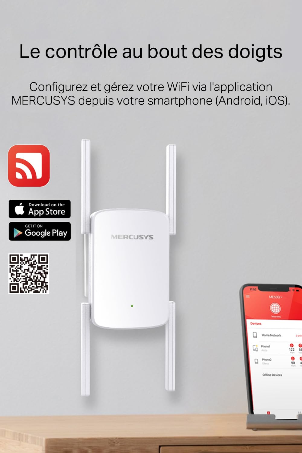 MERCUSYS ME50G TP-Link Répéteur WiFi, Amplificateur Bi-bande WiFi AC1900 Mbps, Extender WiFi, quatre antennes à gain élevé réglables, 1 Port Gigabit, MU-MIMO, Compatible avec toutes les box internet