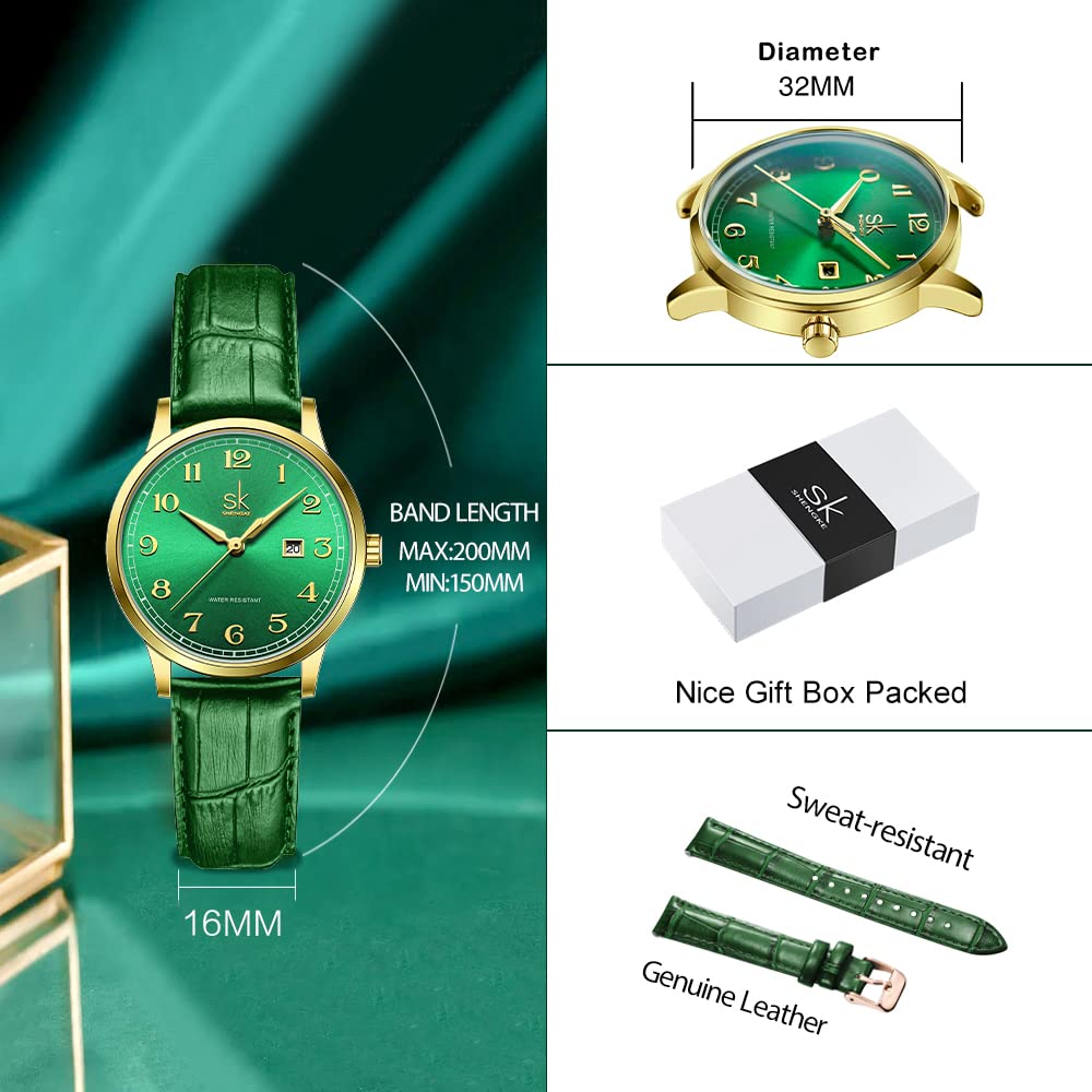 SHENGKE SK Classic Business Women Montres avec Bracelet en Acier Inoxydable et Montre élégante en Cuir véritable pour Dames (Gold-Green)