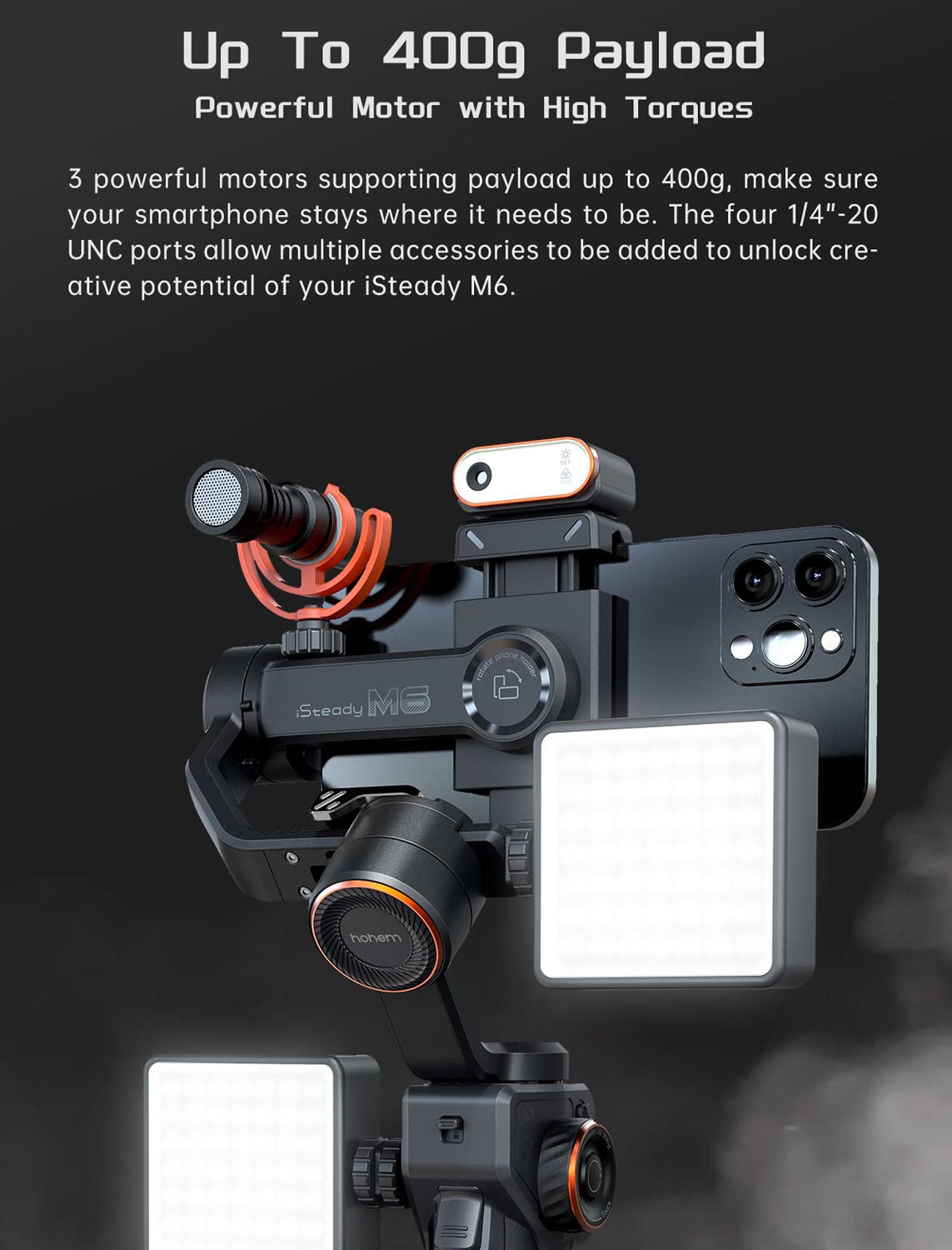 Hohem iSteady M6 Stabilisateur de Cardan 3 Axes pour Smartphone avec lumière de Remplissage Capteur de Vision AI pour iPhone Android avec écran OLED de 0,91-inch Supporte Jusqu'à 400g