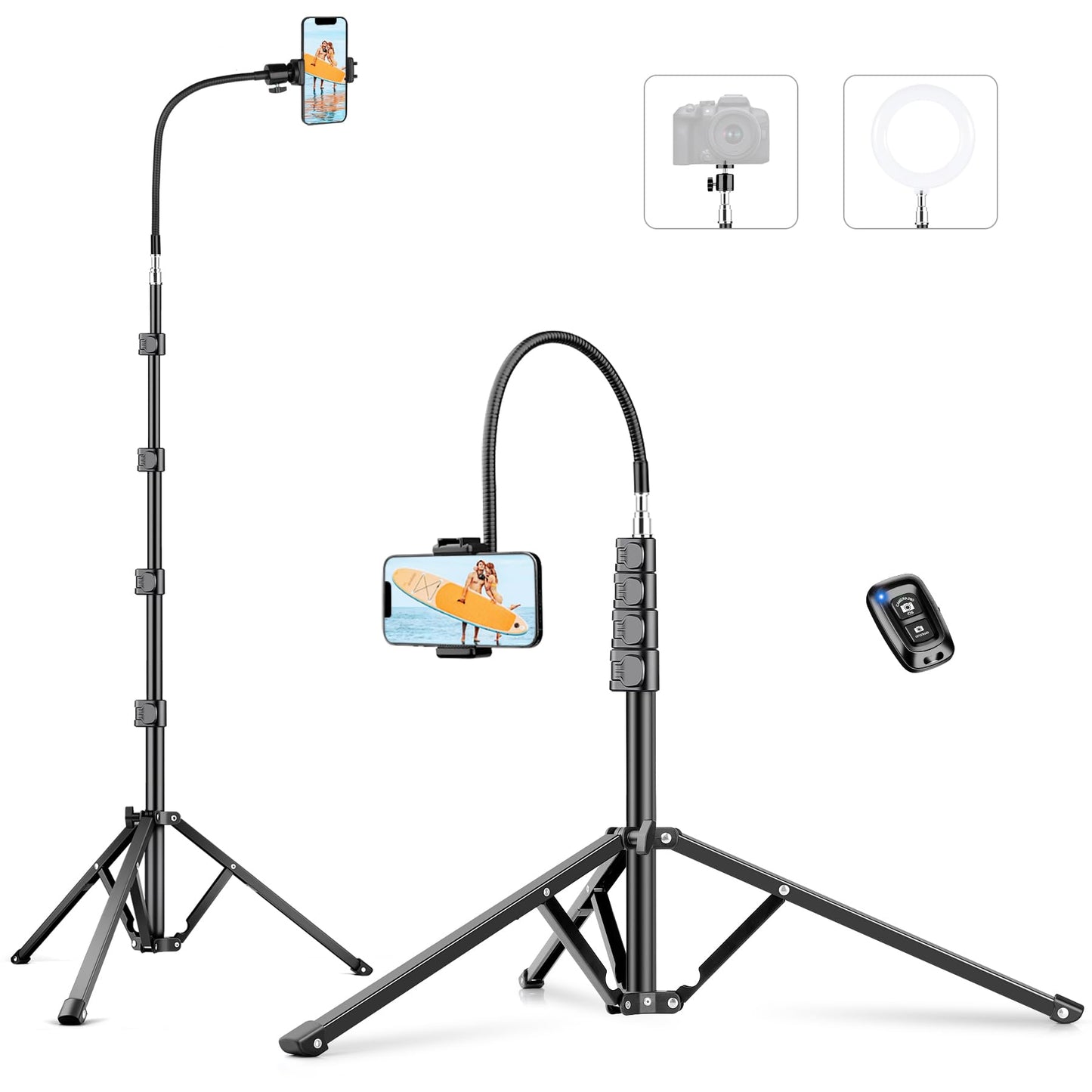 Victiv 224cm Haute Trepied Smartphone, Trépied Téléphone en Aluminium avec Col de Cygne Réglable, Télécommande & Support Telephone, Extensible Trepied Appareil Photo avec Rotule à 360° pour DSLR Canon