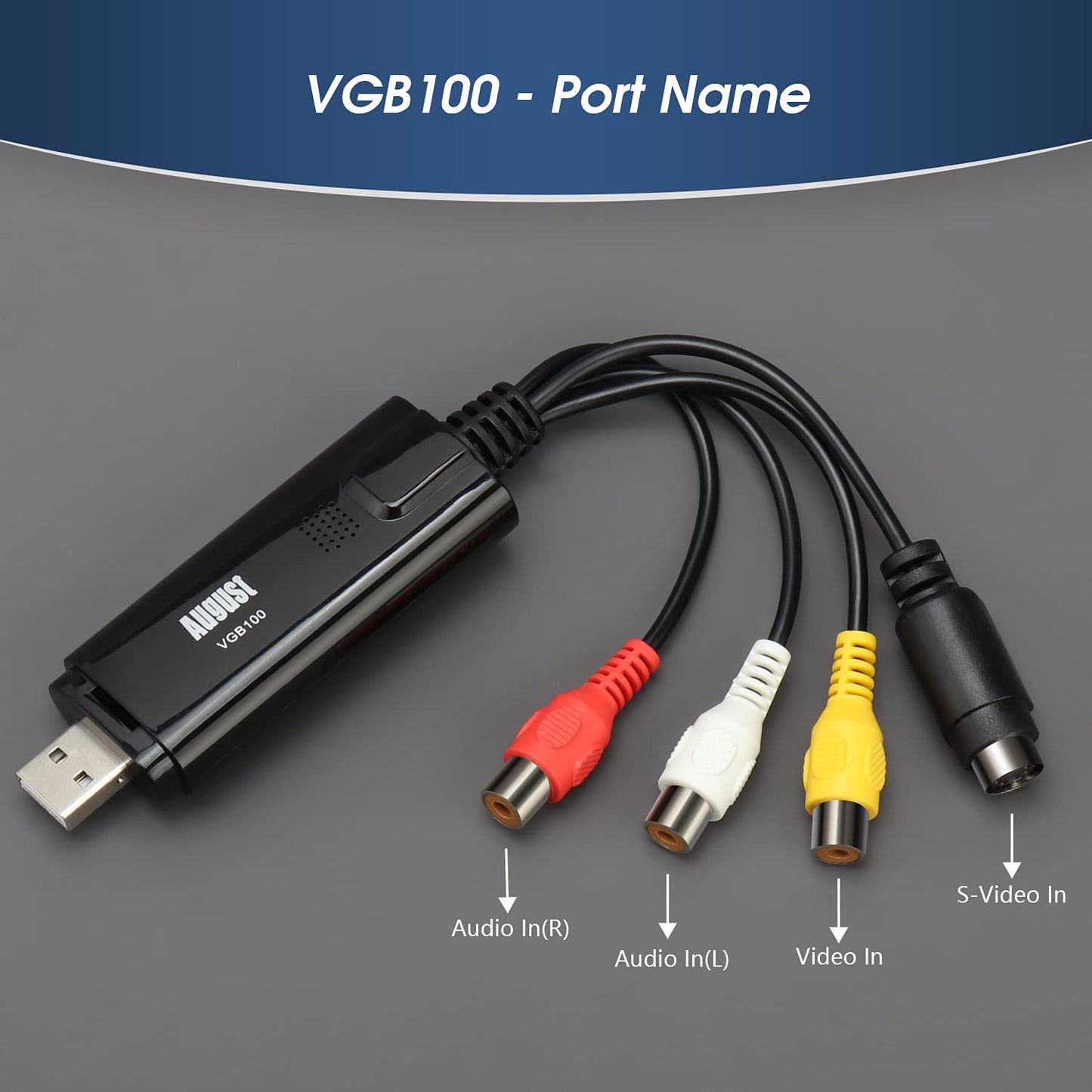 August VGB100 Enregistreur Convertisseur de Vidéo / Audio AV - Carte de Capture Vidéo Clé USB 2.0 – Câble de Transfert – Compatible Windows 11 / 10 / 8 / 7 / Vista - SECAM PAL