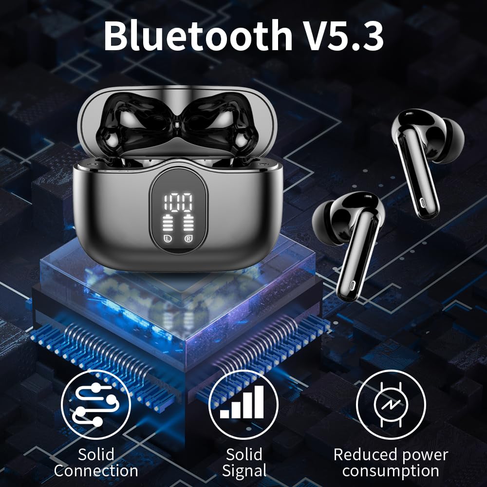 Écouteurs Bluetooth 5.3, Écouteur sans Fil avec 4 ENC Réduction Antibruit Mic Casque Bluetooth Hi-FI Son Stéréo, 36 Heures Durée de Lecture, IP7 Etanche, Écran LED, Contrôle Tactile