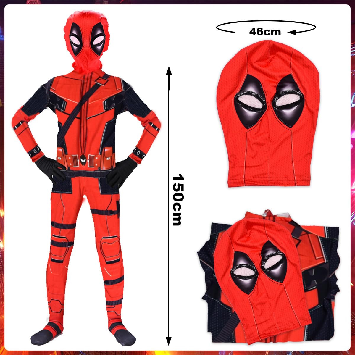 GDFJBG Costume Mardi Gras pour Enfants Deguisement Super Héros Premium S-uperhero Fancy Dress 3D Impression Combinaison pour Homme Femme Enfant, Halloween Costume Accessoires de Cosplay 150cm