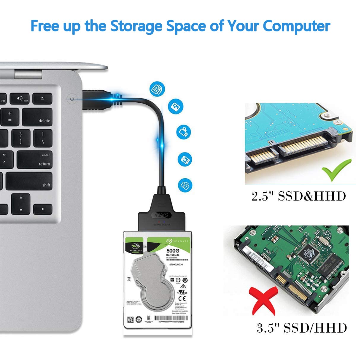 Unnderwiss Cable sata to usb Adaptateur SSD/HDD Compatible avec les disques durs externes et internes, 2,5 pouces Compatible avec les systèmes d'exploitation Windows, Mac et Linux