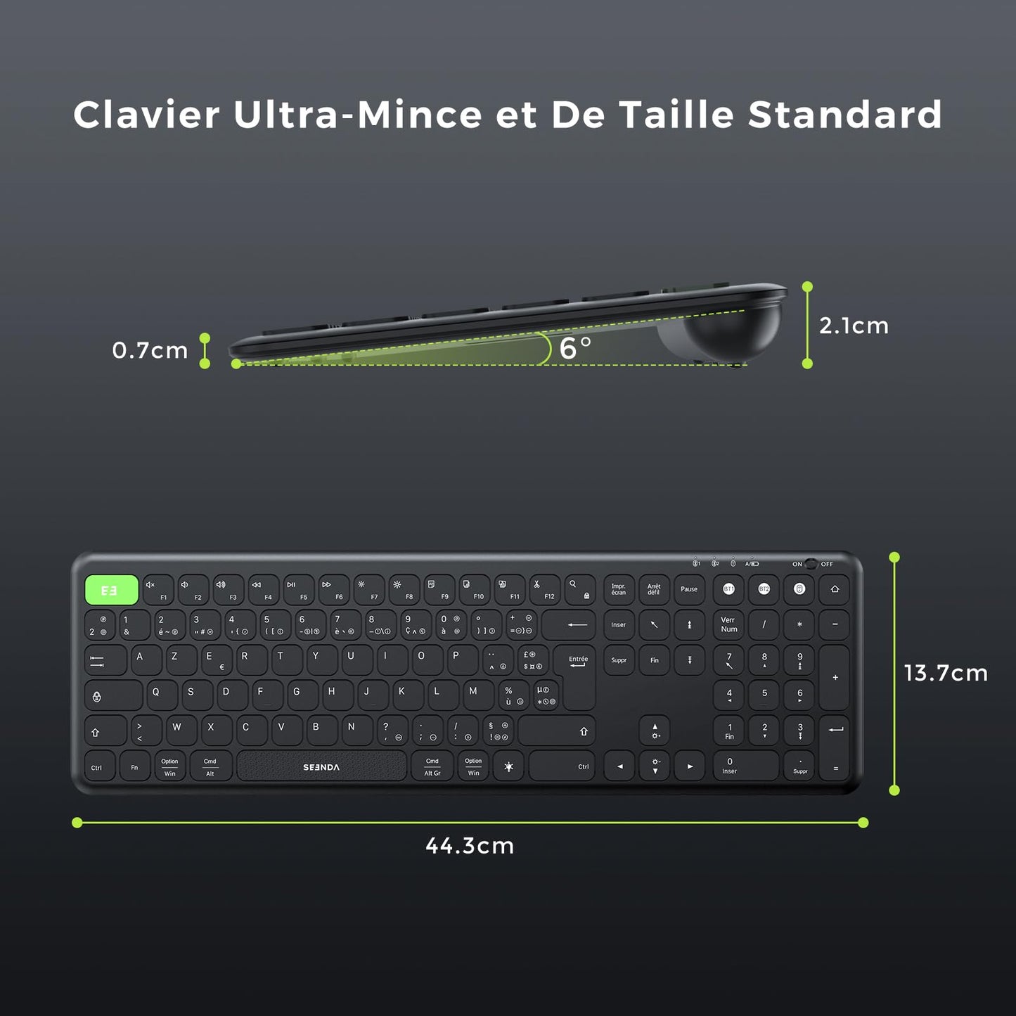 seenda Clavier sans Fil Rétro-éclairé 7 Couleurs, AZERTY Français, Clavier Multi-appareils avec USB et 2 Bluetooth, Silencieux, Rechargeable pour Apple MacOS, Linux, iOS, Android, Windows PC