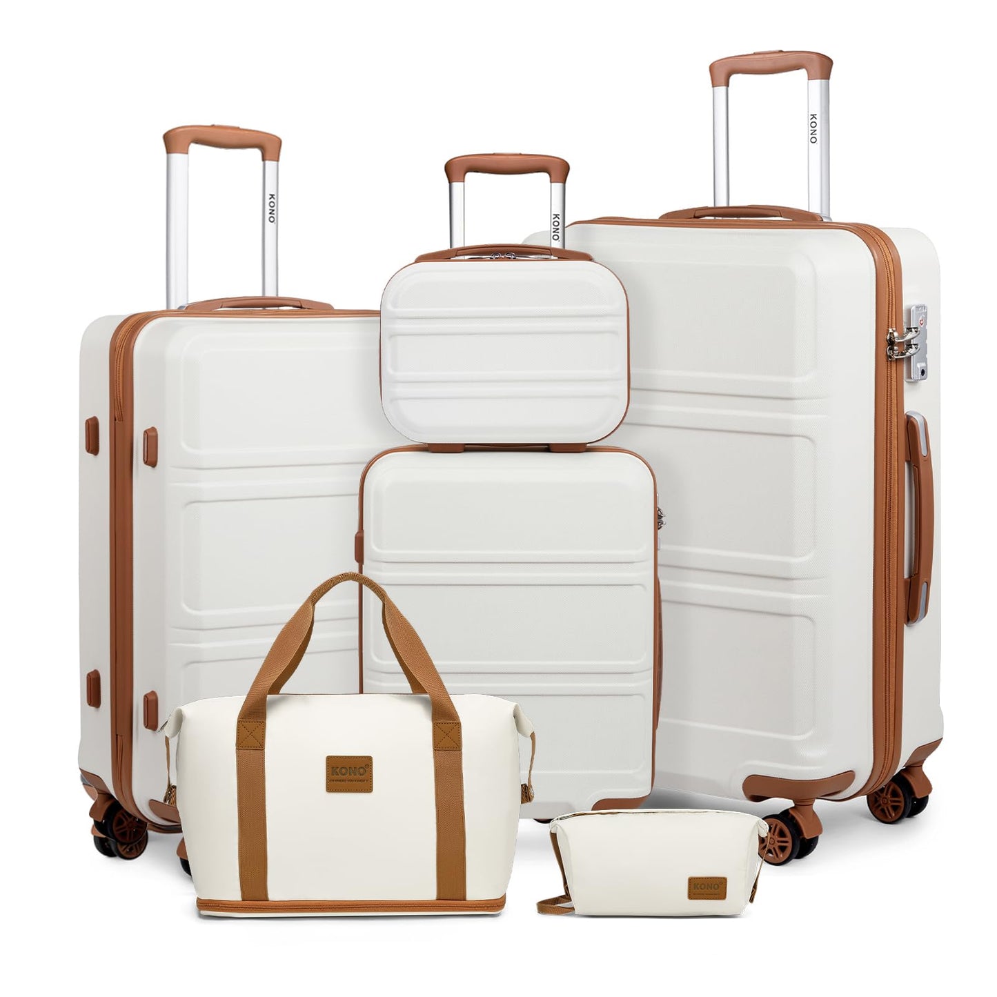 Kono Set de 6 Valises de Voyage Rigide Ensemble de Valise (55/65/74cm) à 4 roulettes avec Portable Vanity Case et Pliable Sac de Voyage pour Sport avec Trousse de Maquillage, Blanc Crème