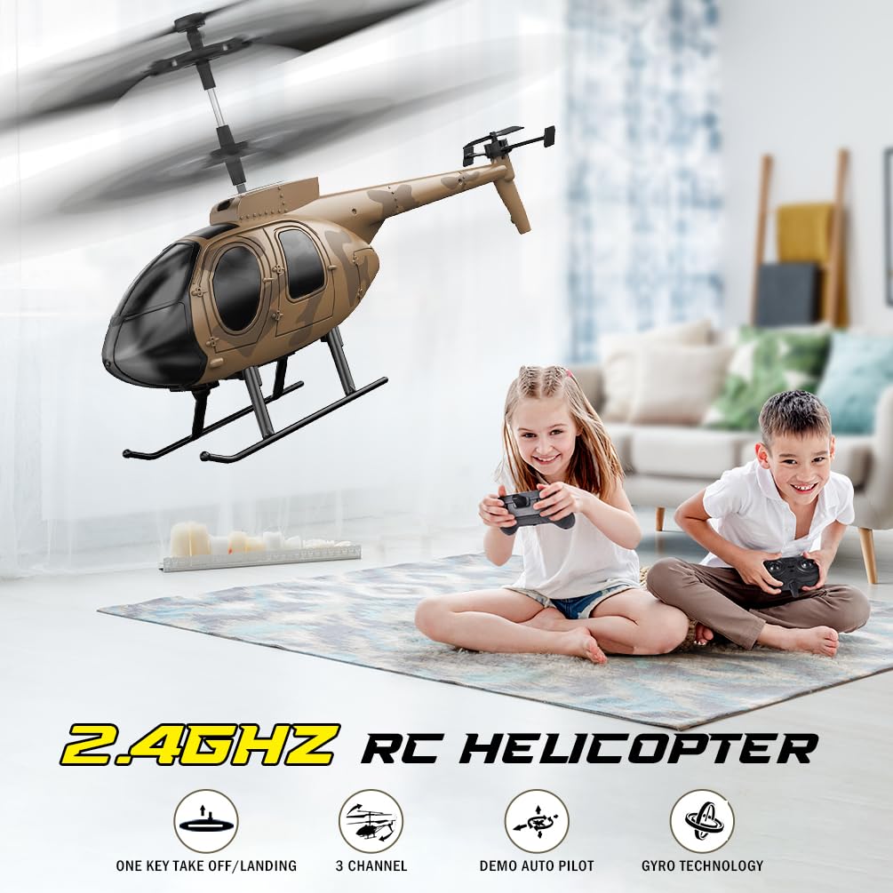 VATOS Hélicoptère télécommandé, Hélicoptère RC Camouflage, Hélicoptère radiocommandé 2.4GHz avec Gyro 3 canaux, Jouet d'intérieur, Décollage par Une Seule Touche, Cadeau pour Garçons Enfants Adultes