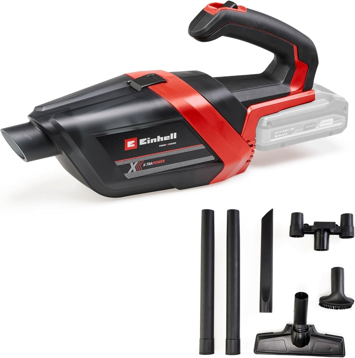 Einhell Aspirateur à main sans fil TE-HV 18/06 Li - Solo Power X-Change (18V, Colecteur de poussière 600 mL, avec accessoires) Livré sans batterie ni chargeur