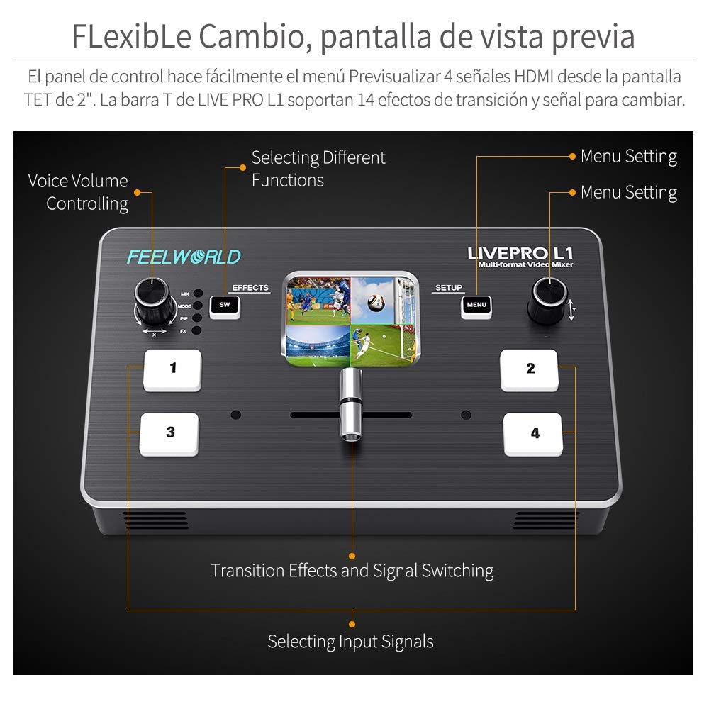 FEELWORLD LIVEPRO L1 Mini mélangeur vidéo avec commutateurs de formats Multiples 4 entrées HDMI Écran LCD 2 Pouces en Direct avec Production en Temps réel pour Plusieurs caméras