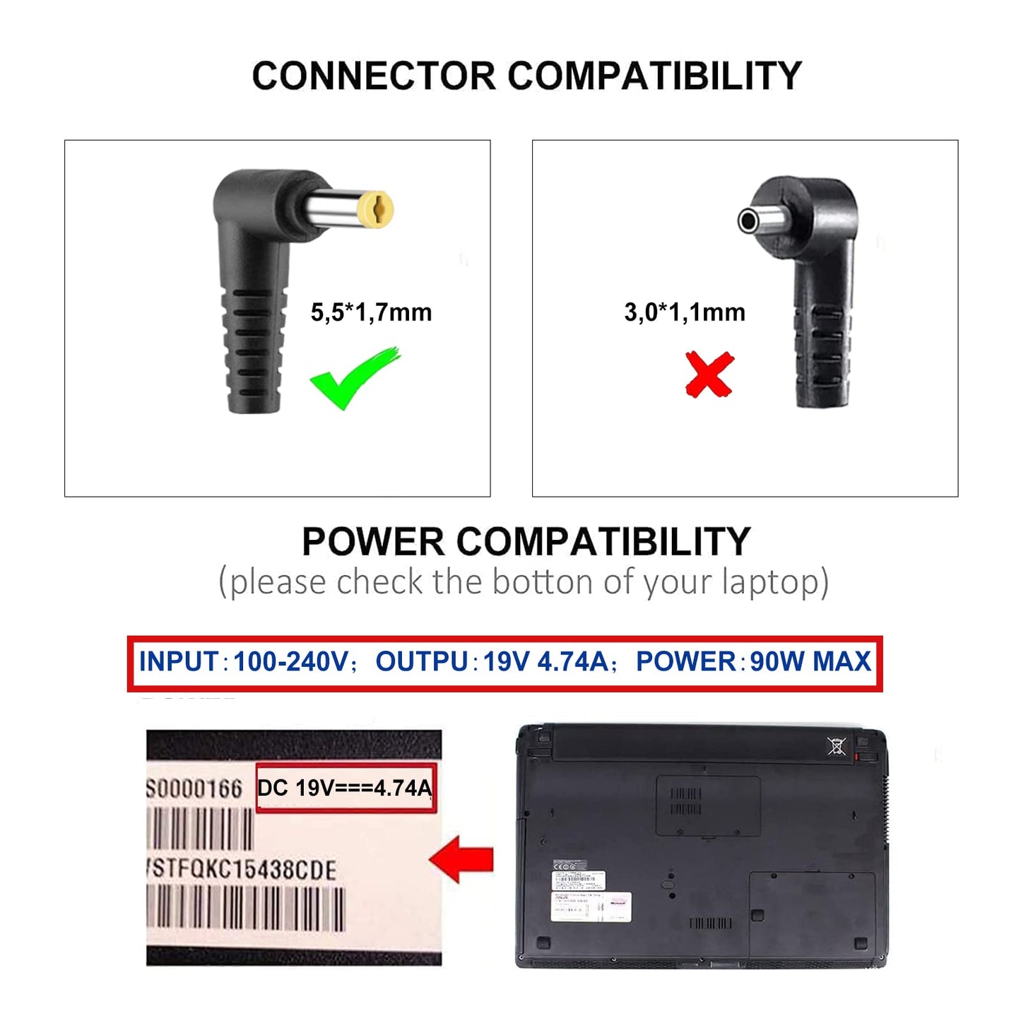 DTK Computadora portátil Cargador Fuente de alimentación Adaptador Unidad de alimentación Para portátil Acer Output: 19V 4.74A 90W Cargadore y adaptadore Conector: 5.5 * 1.7mm