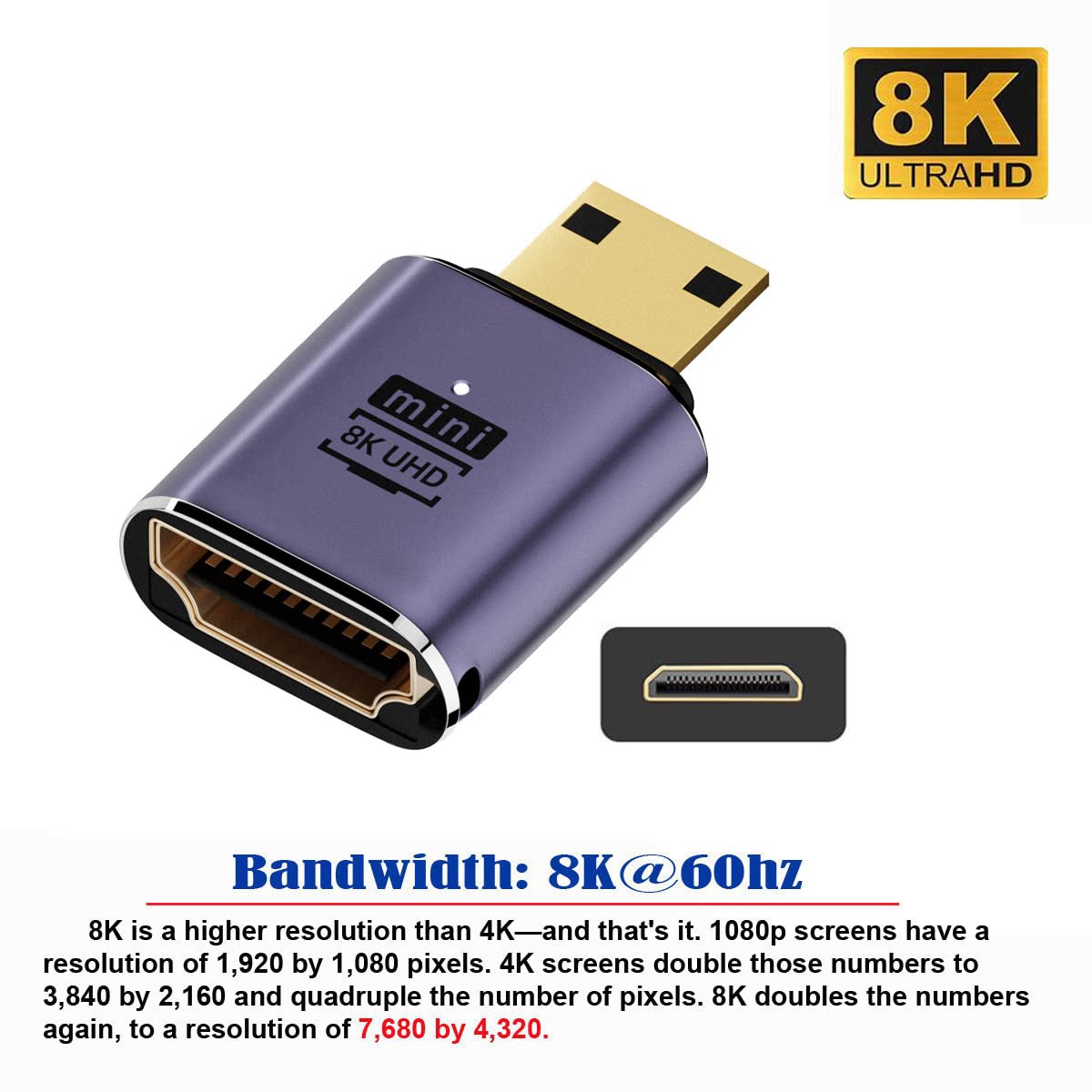 CY Câble 8K Mini HDMI mâle vers HDMI 2.1 femelle UHD Adaptateur convertisseur or prend en charge 8K 60Hz HDTV