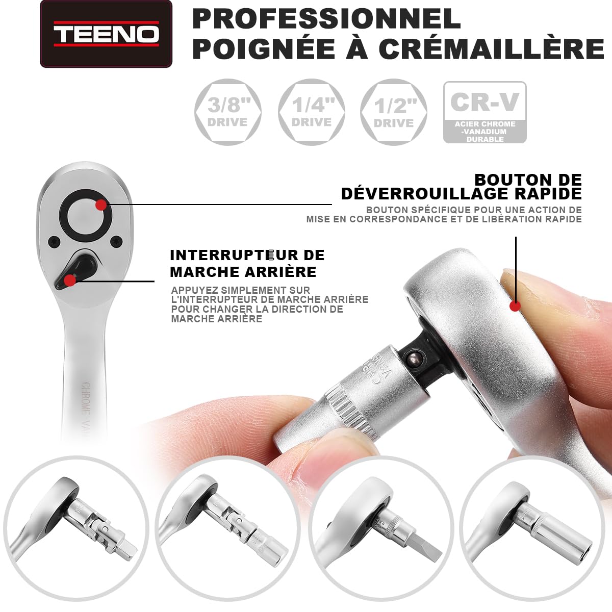 TEENO Coffret de douille et embouts Mallette à Outils, Coffret Douille et Cliquet 1/2 inch et 1/4 inch, 3/8 inch (72 Dents) 172 pcs Chrome Vanadium Mat Satinée