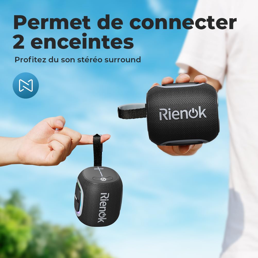 RIENOK Enceinte Bluetooth 5.3 Portable, Haut Parleur Puissant Lumineuse, Autonomie 15H, 1800mAh, Fonction Radio, Port Clé USB, AUX, TF Carte, pour Soirées Plage, Randonnées, Voyage