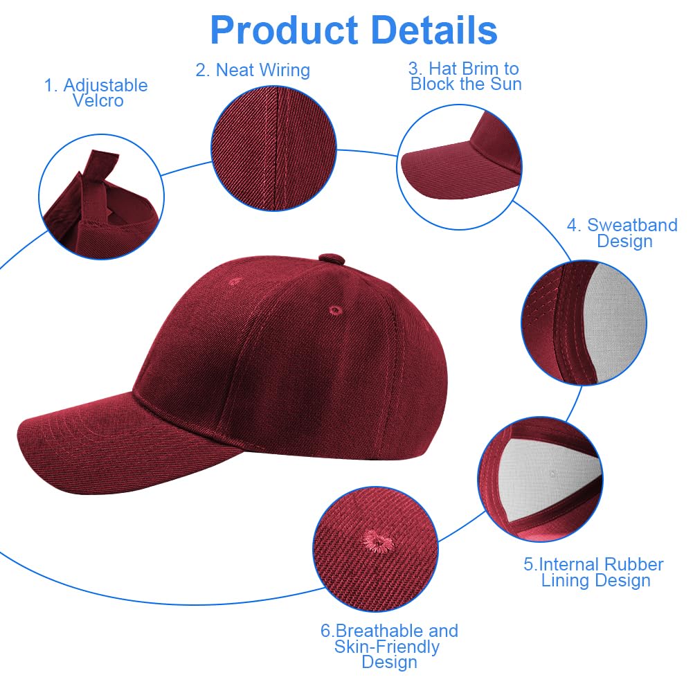 Aomig Casquette de Baseball, Coton Anti-Soleil Baseball Cap, Homme Femme été Unisexe Réglable Casquettes Sport Extérieur Sunhat Chapeau, Chapeau pour Grosses Têtes 55-65cm(Bordeaux)