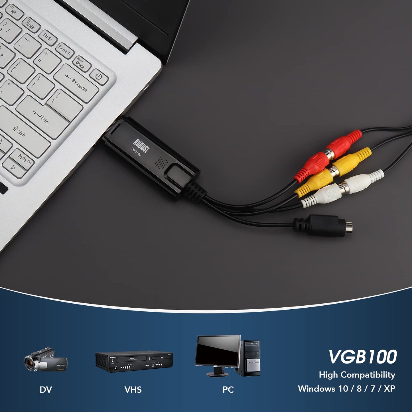 August VGB100 Enregistreur Convertisseur de Vidéo / Audio AV - Carte de Capture Vidéo Clé USB 2.0 – Câble de Transfert – Compatible Windows 11 / 10 / 8 / 7 / Vista - SECAM PAL