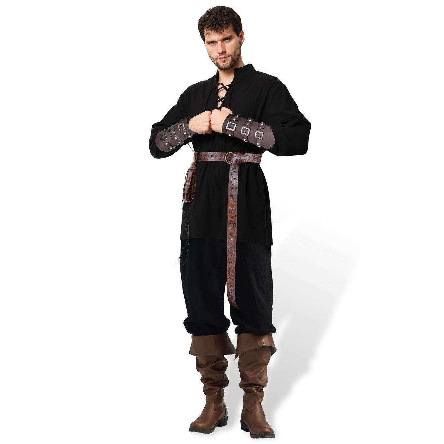 Ulikey Costume Medieval Homme, Vêtements Médiévaux Costume pour Hommes, Costumes Renaissance avec Chemise de Pirate Médiévale, Pantalon Médiéval Accessoire pour Homme (Noir, S)