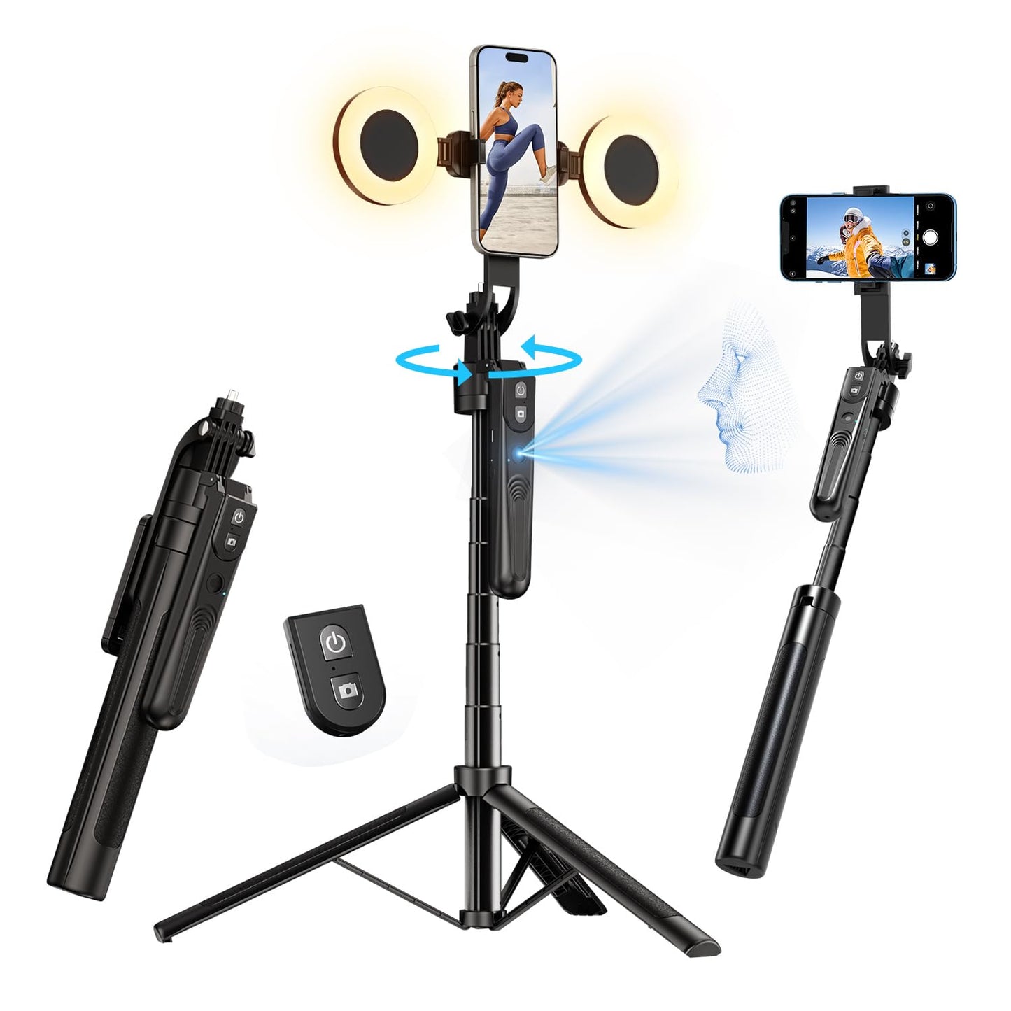 yAyusi Automatique Visage Suivi Trépied avec Lumière, sans App, 360° Rotate 180cm Support de Téléphone avec Capteur de Mouvement, Rétractable Support de Caméra pour Vlog/Vidéo/Enregistrement