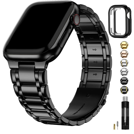 Fullmosa Bracelet en Acier Inoxydable Compatible avec Apple Watch 45/44/42mm pour Femme Homme Bracelet de Remplacement avec étui de protection en TPU pour série SE/SE2 9/8/7/6/5/4/3/2/1 Noir