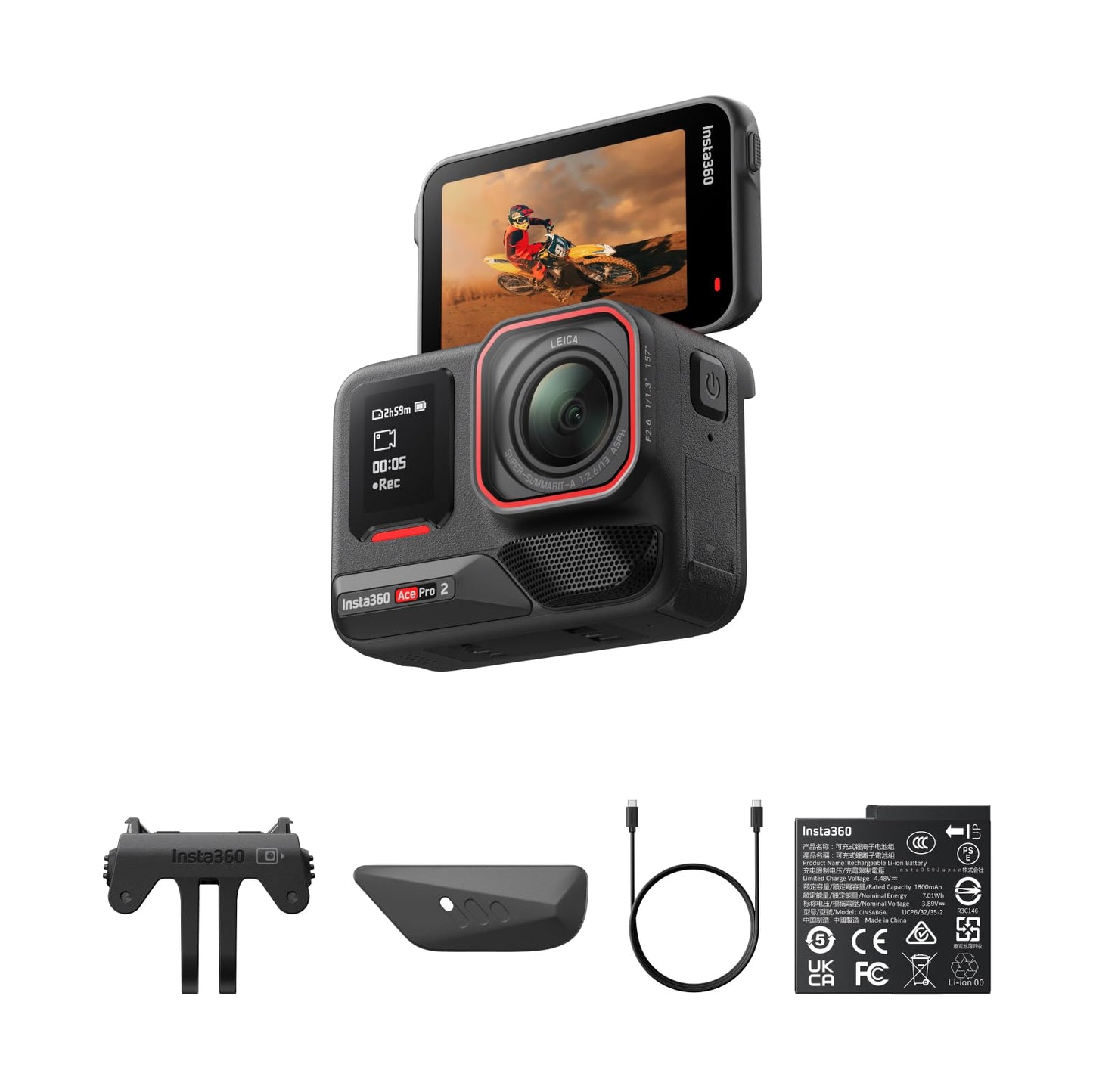 Insta360 Ace Pro 2 Pack Double Batterie - Caméra d'action étanche 8K co-conçue avec Leica, capteur 1/1,3", Double Puce d'IA, qualité en Basse lumière, Audio avancé, écran Rabattable, édition IA