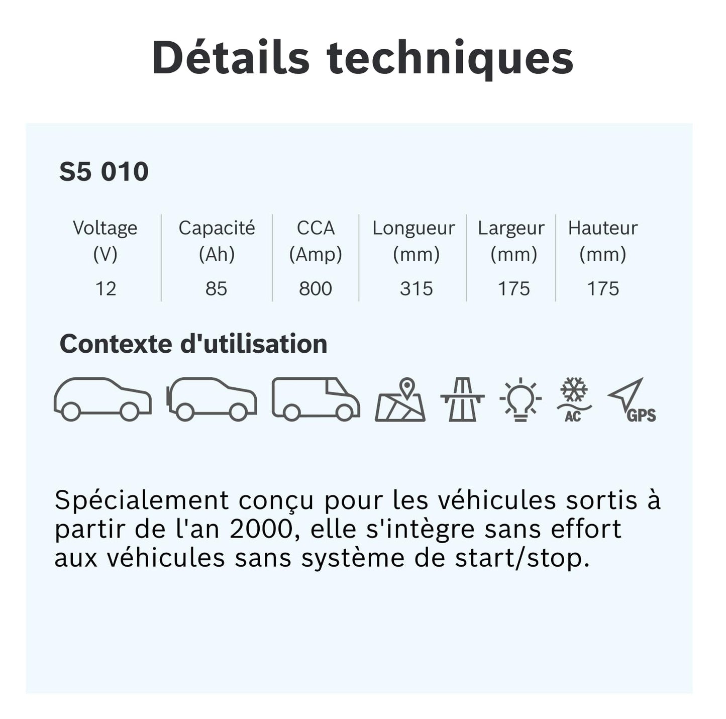 Bosch-S5010 Batterie de Voiture 85A/h-800A