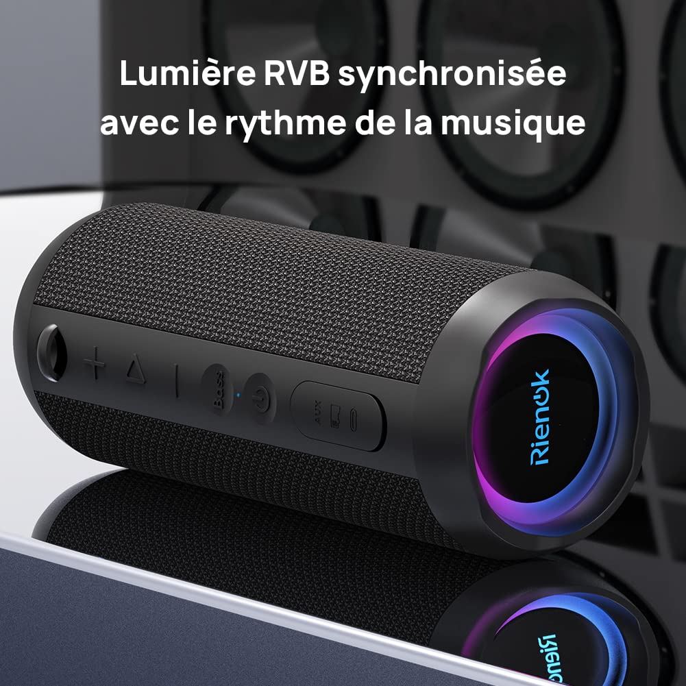 RIENOK Enceinte Portable Bluetooth aux Basses Renforcées, 30H, Bluetooth 5.3, 30W Enceinte Puissante, IPX7, AUX, TF Carte, pour Fêtes/Voyage/Extérieur, Noir