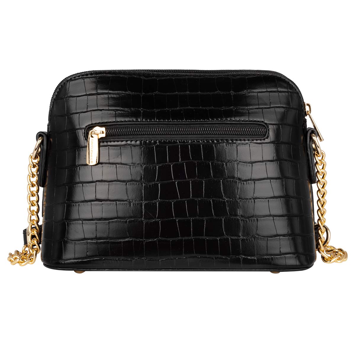 David Jones - Petit Sac Bandoulière Femme - Chaîne Dorée Porté Epaule - Besace Téléphone Cuir Vernis Crocodile Rigide - Fourre-Tout Ville Voyage Shopping Mode Chic Noir