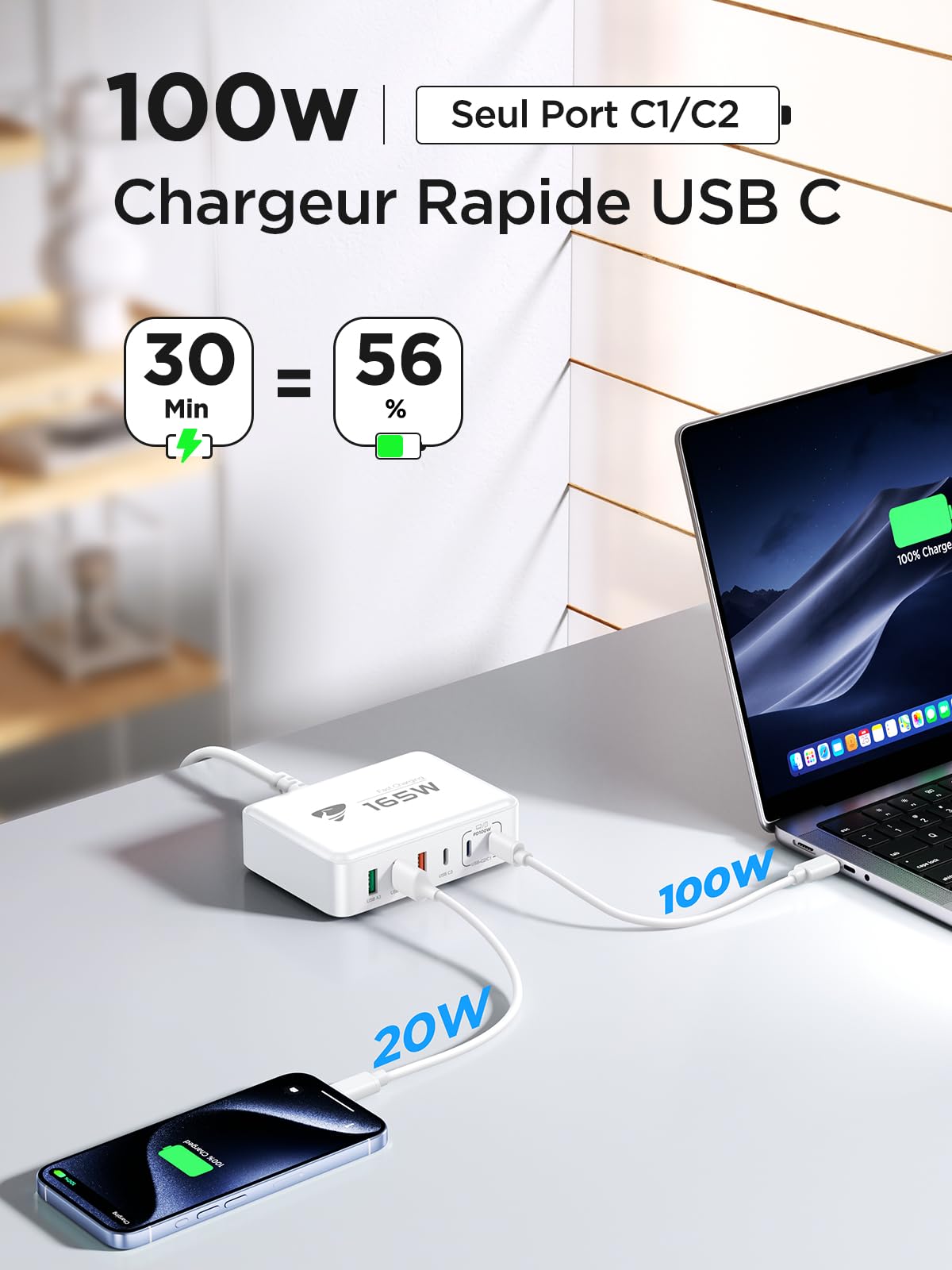 Chargeur Rapide USB C 165W 6Port Prise USB C Multiple GaN PD+QC 3.1A Adaptateur Secteur USBC Chargeur pour iPhone 15 16 14 13 12 11/iPad/MacBook Pro Air/Samsung Galaxy/Tablets/Laptops/Dell/Microsoft