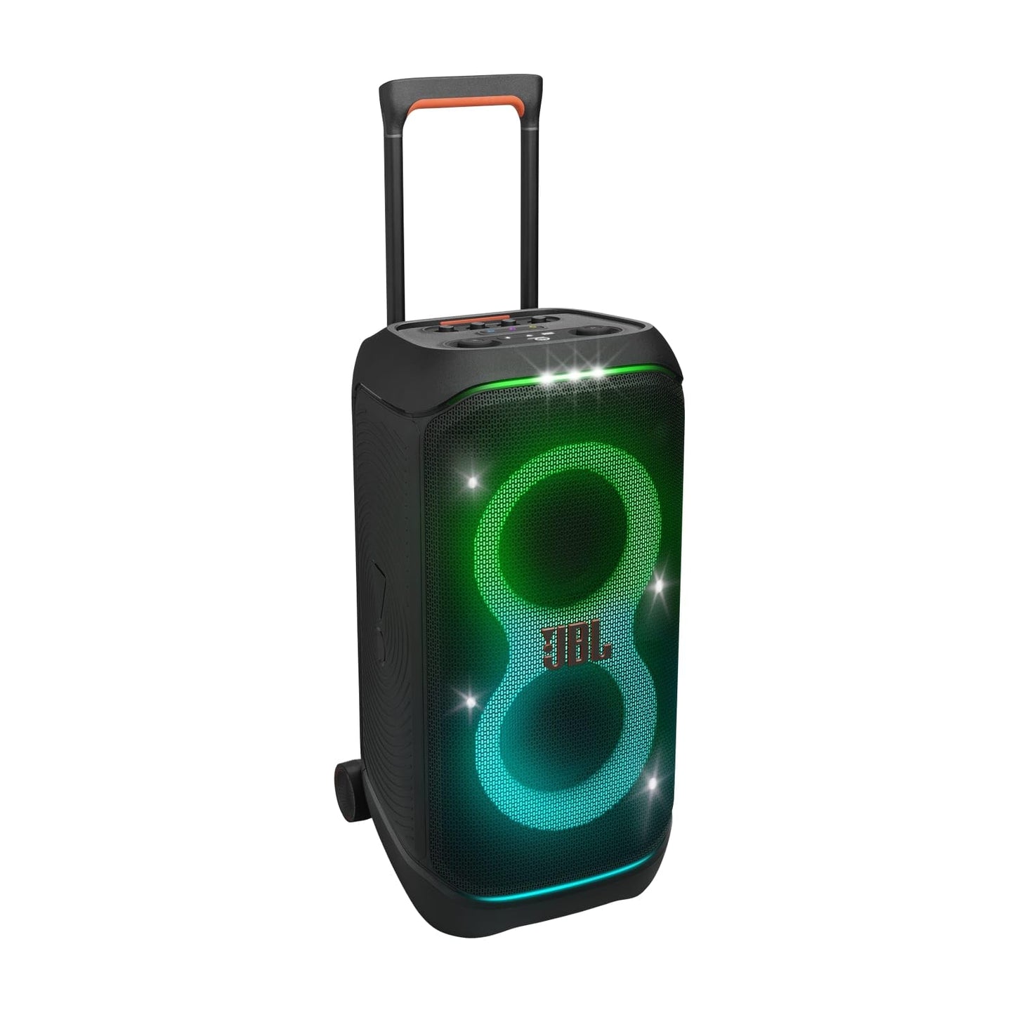 JBL Partybox Stage 320, Enceinte portable de soirée, roulettes et poignée télescopique intégrés, son JBL Pro, jeu de lumières, 18 heures d'autonomie, résistante aux éclaboussures IPX4, en noir