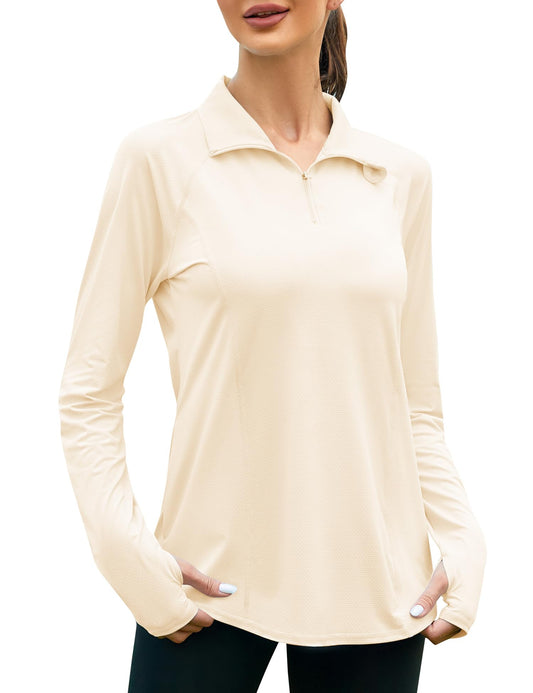 IECCP T-shirt à manches longues pour femme, protection UV UPF 50, pour l'extérieur, la randonnée, le safari, respirant, séchage rapide, haut de sport, beige, S