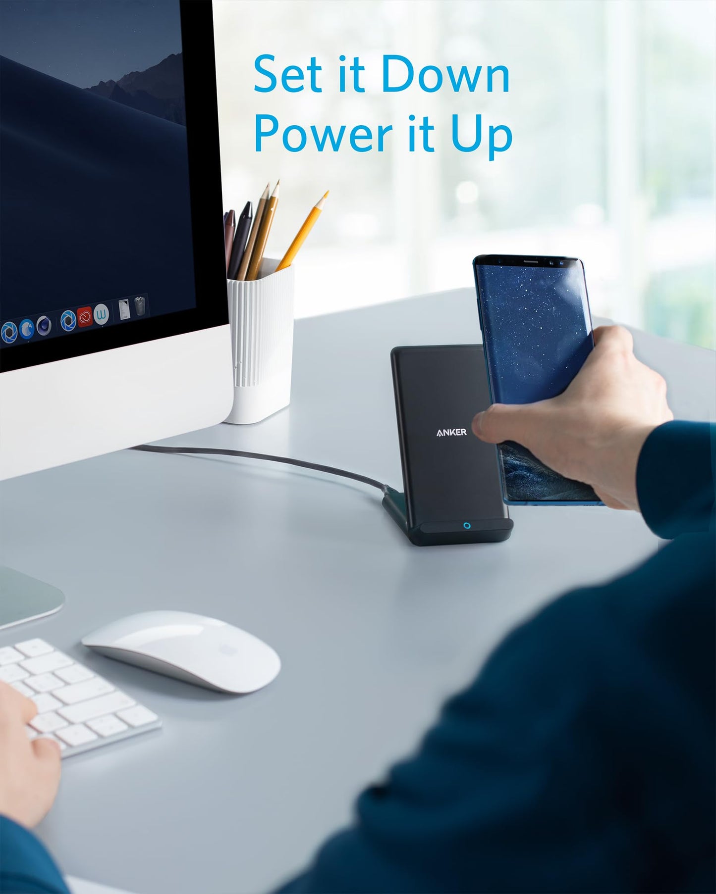 Anker Chargeur Induction iPhone PowerWave Stand 10W, Chargeur Sans Fil Rapide Certifié Qi pour Samsung Galaxy S9, Compatible Standard 5W iPhone 16/15 Pro Plus, Mate 20(chargeur mural non inclus)